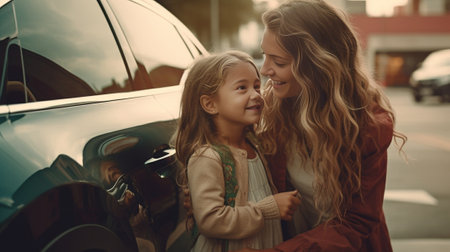 Woman posing outdoor with daughter on her back in front of cars and houses Portrait of joyful little girl with long dark hair having fun with mom on blur background : Generative AIの素材