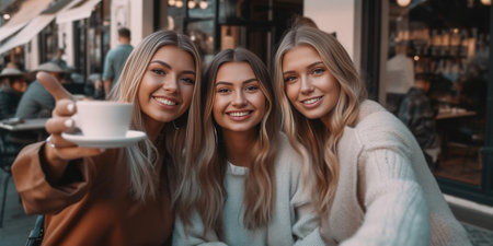 White welldressed girls sending air kissees Outdoor shot of magnificent caucasian ladies making selfie during walk : Generative AIの素材