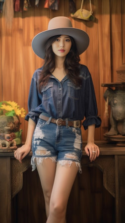Lovely slim girl in summer shorts playfully looking away Indoor portrait of amazing lady with long hairstyle wearing denim clothes and hat : Generative AIの素材