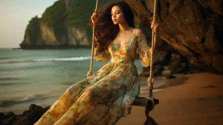 Sensual tender girl sitting on a swing wearing white dress Girl has her eyes closed She has long dark hair She has bracelets on her arm and leg The swing is on the beach  : Generative AIの素材