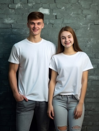 Young couple of teenagers posing on blue background in studio They wear Tshirts jeans shorts hold skateboards and look to camera : Generative AIの素材