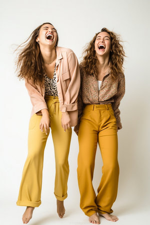 Two young girls in pajamas having fun on gray wall background Girl with long hair laughing and keeps eyes closed other with curly hair smiling to camera : Generative AIの素材