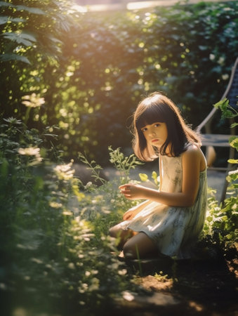 Surprised kid with long dark hair posing in park Glad little girl in knitted sweater chilling in garden : Generative AIの素材