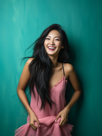 Appealing girl smiling in studio Indoor photo of blissful female model with black hair : Generative AIの素材