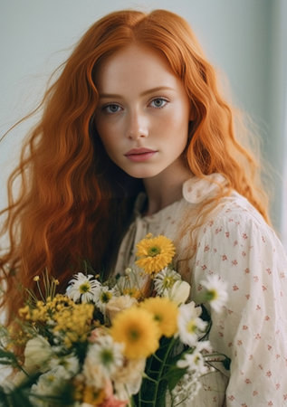 Adorable woman with freckles looks into camera with smile Lady in beige scarf on her head and with flowers in her red hair posing on beige background : Generative AIの素材