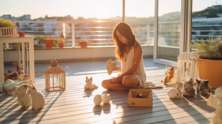 Closeup portrait from above of laughing girl enjoying morning on balcony with funny pet Lovely young lady in good mood playing with beagle dog while resting after dinner  : Generative AIの素材