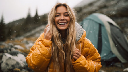 Cheerful young caucasian girl looking at camera waving her arms relaxing in campsite Brunette wears hoodie jeans and backpack Sincere emotions concept : Generative AIの素材