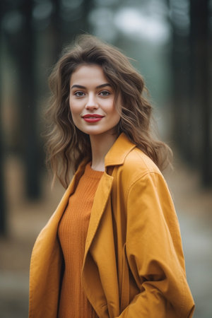 Inspired female model in gray coat standing beside callbox in december day with gently smile Outdoor portrait of stunning european woman in yellow sweater enjoying winter : Generative AIの素材