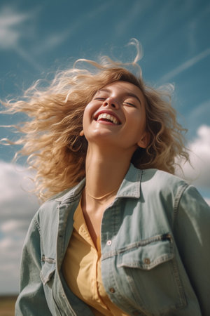 Closeup of beautiful joyful girl in glasses holds camera with one hand against background of sky Her long blonde wavy hair flutters in wind : Generative AIの素材