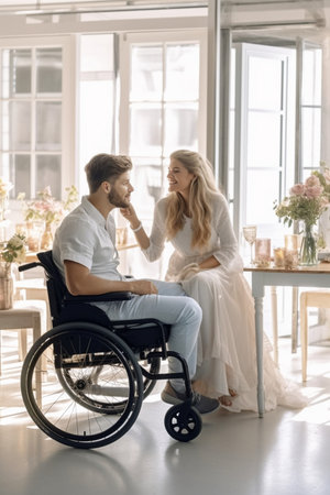 Gorgeous blonde woman sitting on husbands knees Indoor shot of positive married couple having fun in morning : Generative AIの素材