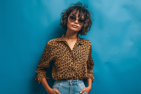 Enchanting mixed race woman posing on blue background Studio shot of female model in sunglasses and jeans : Generative AIの素材