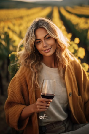 Enchanting blonde woman with tanned skin celebrating birthday holding glass of wine and laughing Outdoor portrait of excited fairhaired lady in black dress and beige coat : Generative AIの素材