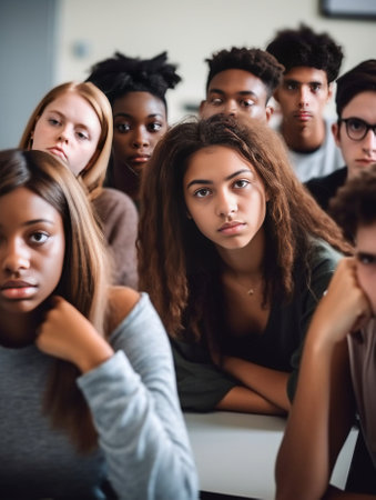 Glad african girl with big headphones sitting on the floor between classmates and smiling Portrait of tired students resting after difficult test : Generative AIの素材