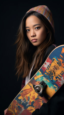 Full length view of trendy korean girl with skateboard Studio shot of gorgeous asian woman holding longboard on purple background : Generative AIの素材