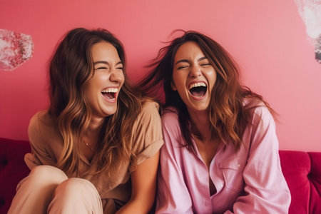 Excited girls embracing with sincere smile Front view of happy friends laughing on pink background : Generative AIの素材