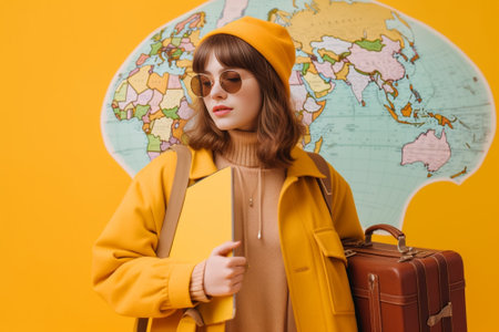 Portrait of young pretty girl with long hair in black glasses sitting on orange background between two suitcases She has long hair and yellow sweater with jeans She is sm : Generative AIの素材