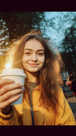 Fascinating female girl in hat and earphones smiling during video call with friend Outdoor portrait of stylish lady in yellow sweater making selfie on the street : Generative AIの素材