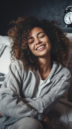 Joyful girl is awakening Woman sitting on sofa and holding alarm clock Charming teen in pajamas posing on couch in happy mood in morning : Generative AIの素材