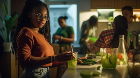 Girlfriends talk in kitchen Girl is mixing vegetables Darkskinned lady holds glass of sparkling wine : Generative AIの素材