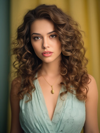 Preparation to celebrating in beauty salon of happy attractive model smiling to stylist Beautiful coiffure long curly brunette hair cheerful mood making hairstyle : Generative AIの素材