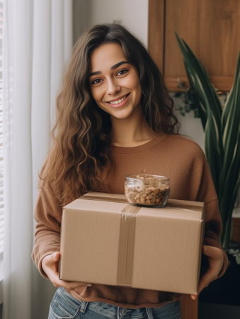 Happy young caucasian brunette woman clutching gift box on background with space for text Curlyhaired girl with her eyes narrowed strongly wears casual clothes Leisure li : Generative AIの素材