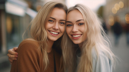 Outdoor portrait of attractive sisters smiling to camera Blissful caucasian girls enjoying friendship : Generative AIの素材