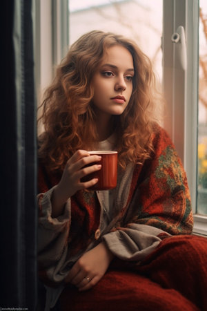 Indoor portrait from back of slim girl with long curly hair wears jeans Stunning young female model with cup of tea standing in front of window and looking at building : Generative AIの素材