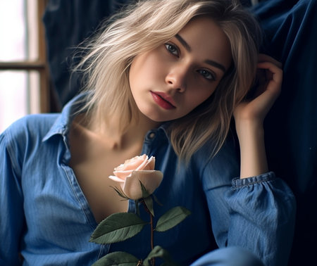 Sensual female model in jeans posing at balcony Indoor portrait of cute blonde woman sitting beside flowers : Generative AIの素材