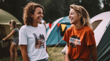 Positive young caucasian girlfriends are photographed on smartphone relax with beer in campsite Brunettes smile wear shirts and shorts Lifestyle concept : Generative AIの素材