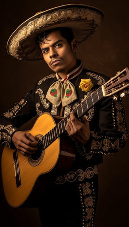 Studio portrait of mexican mariachi in deadman attire Indoor photo of male model with zombie makeup playing guitar : Generative AIの素材