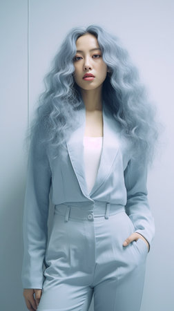 Relaxing girl with long shiny curls dancing in her room with pastel interior holding mobile phone in hand Studio portrait of chilling young woman wearing lightblue tankto : Generative AIの素材