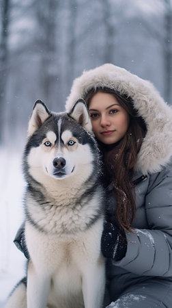 Inspired white lady in hat fooling around with husky on the snow Outdoor photo of laughing young woman spending january morning with her dog in the yard : Generative AIの素材