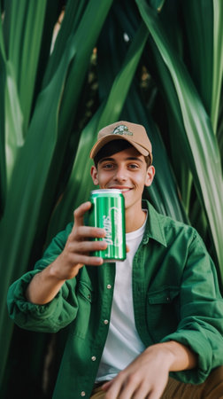 Optimistic man in green shirt and beige shorts looking into camera and showing on his smartphone Portrait of guy in sunglasses sitting on chair with suitcase beer inflata : Generative AIの素材