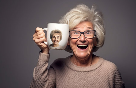 Shocked woman holding blue cup of tea Studio shot of surprised lady in pajama making funny faces : Generative AIの素材