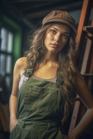 Lovely slim girl in summer shorts playfully looking away Indoor portrait of amazing lady with long hairstyle wearing denim clothes and hat : Generative AIの素材