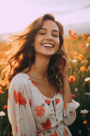 Wavy long haired brunette with charming smile in fashionable plaid clothes playing with her hair and posing with bright wildflowers : Generative AIの素材
