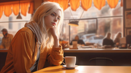 Sweet caucasian young woman sits at table in street cafe at sunset Pretty blonde with bob haircut squinting in sun wearing beige jacket and lightcolored jeans : Generative AIの素材