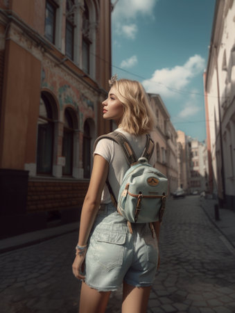 Walking cute girl with short flying blond hair and bright pink lips holding her marsala backpack on the shoulder and wearing blue denim shirt and grey tulle skirt : Generative AIの素材