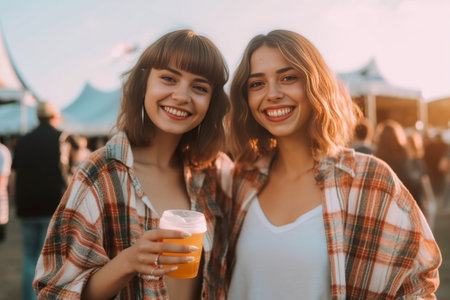 Positive young caucasian girlfriends are photographed on smartphone relax with beer in campsite Brunettes smile wear shirts and shorts Lifestyle concept : Generative AIの素材