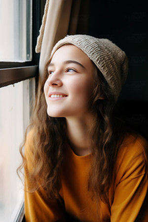 Positive curly haired girl with modern hat and shiny black long sleeve sweater with belt smiling with closed eyes on beige backdrop : Generative AIの素材