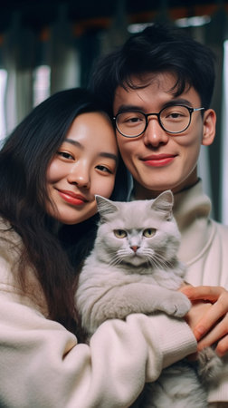 Pretty young woman holding cat during family photoshoot Cute brunette man embracing his wife : Generative AIの素材