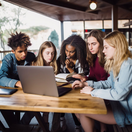Modern young intercultural high school students work on group project sitting outdoors Guy and girls use gadgets notebooks Concept of learning : Generative AIの素材