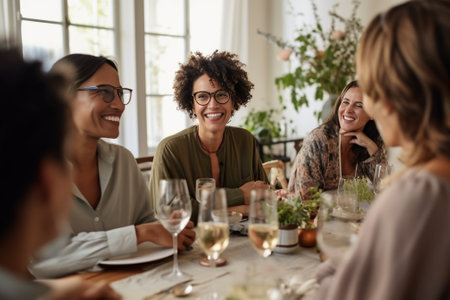 Cheerful girl talking with friends at home Cropped view of ladies sitting at table in apartment : Generative AIの素材