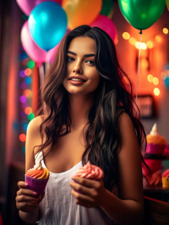 Winsome female model chilling in her birthday with sincere smile Amazing woman with black hair relaxing after party : Generative AIの素材