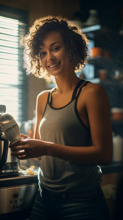 Woman in high spirits prepares delicious flavored coffee in kitchen with interest : Generative AIの素材