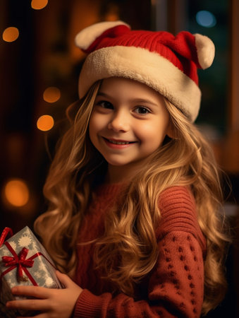 Close up portrait of pretty girl with long hair in winter clothes with christmas present on wooden background She keeps eyes closed and smiling : Generative AIの素材