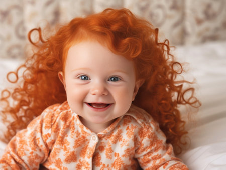 Calm pretty redhead little child in blue dress wants to sleep and smiles sincerely on orange isolated background : Generative AIの素材