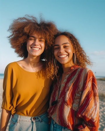 Curly girls in french berets looking over shoulder with smile Outdoor photo of debonair lady in red jacket posing on yellow background with sister : Generative AIの素材