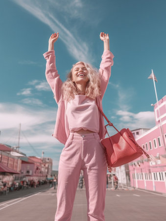 Wonderful young woman in stylish summer outfit posing on exotic background Laughing slim girl playing with her pink hair at resort : Generative AIの素材