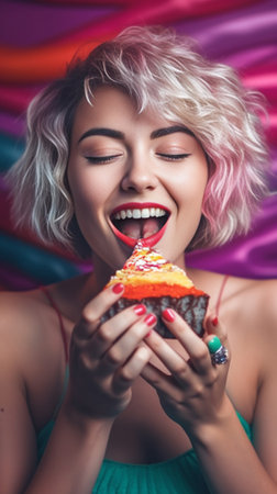 Closeup portrait of attractive tanned woman with short hairstyle eating dragon fruit Studio shot of refined girl enjoying juicy red pitaya : Generative AIの素材